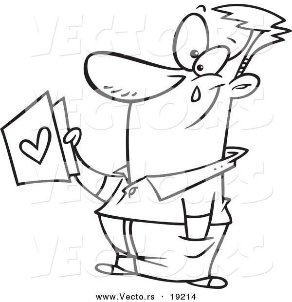 Vector of a Cartoon Touched Dad Holding a Father's Day Card - Outlined Coloring Page