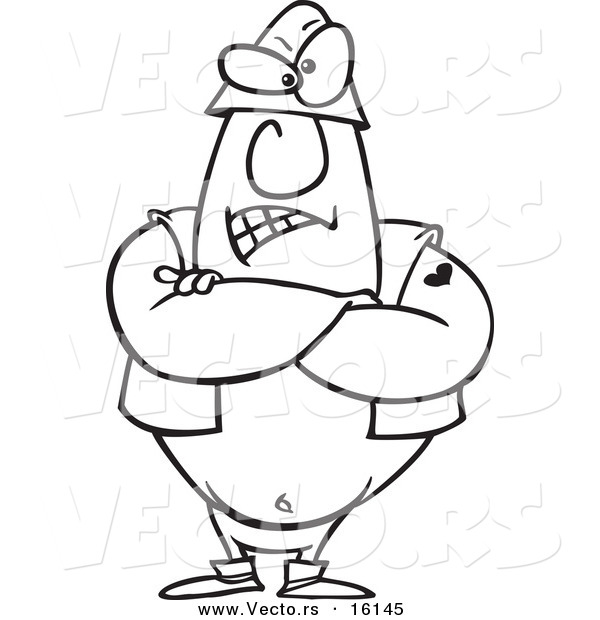Vector of a Cartoon Tough Executioner Standing with His Arms Folded - Outlined Coloring Page Drawing