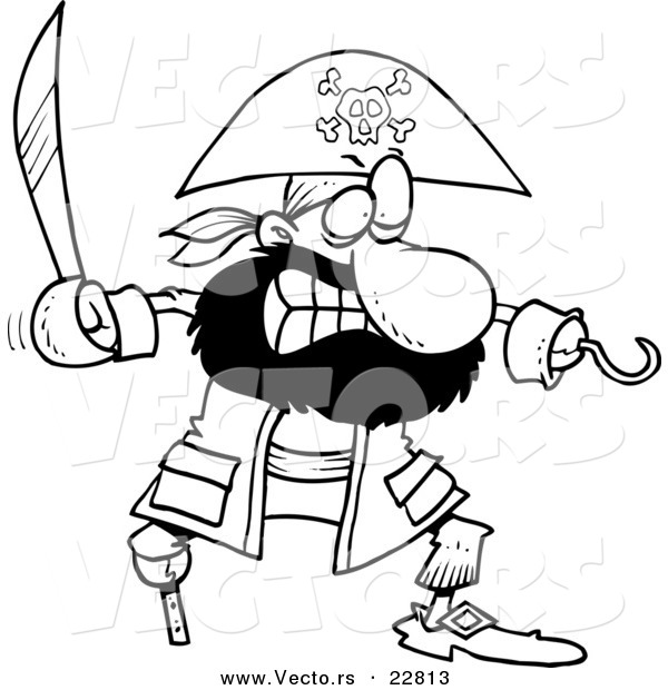 Vector of a Cartoon Tough Pirate with a Sword - Coloring Page Outline