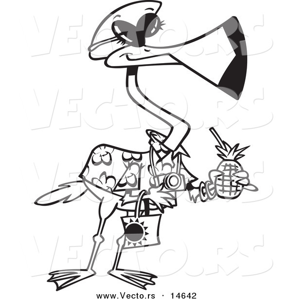 Vector of a Cartoon Tourist Flamingo Carrying a Tropical Beverage - Coloring Page Outline