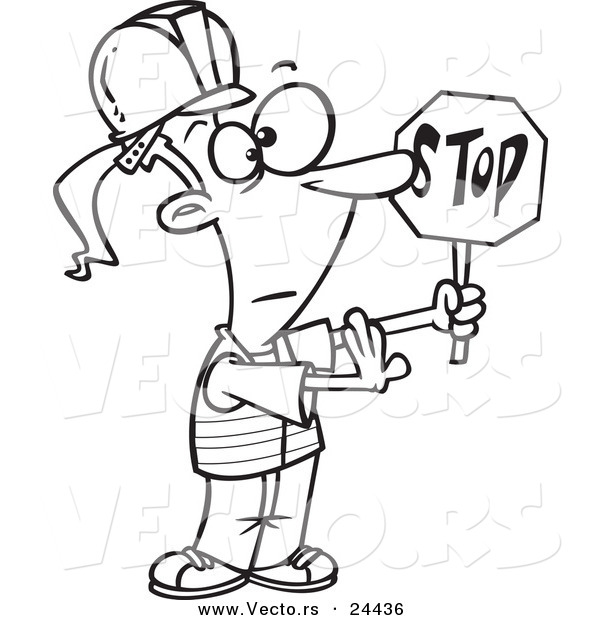 Vector of a Cartoon Traffic Girl Construction Worker Stopping - Outlined Coloring Page