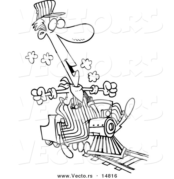 Vector of a Cartoon Train Engineer Riding a Small Locomotive - Coloring Page Outline