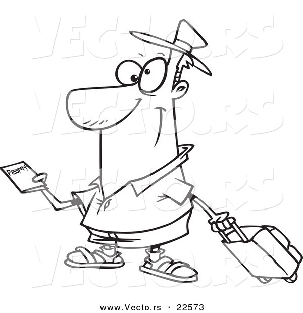 Vector of a Cartoon Traveler Holding a Passport - Coloring Page Outline