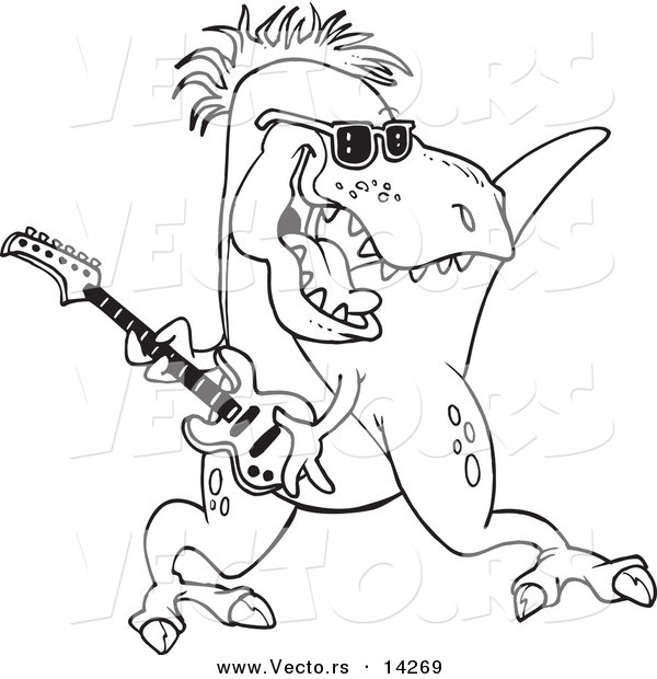 Vector of a Cartoon T-Rex Playing a Guitar - Coloring Page Outline