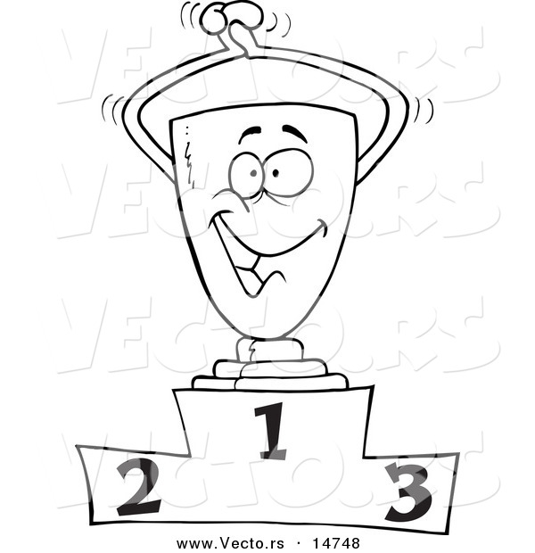 Vector of a Cartoon Trophy on the First Place Podium - Coloring Page Outline