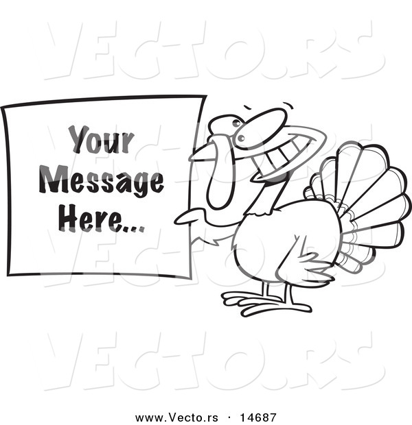 Vector of a Cartoon Turkey Bird Holding a Sign with Sample Text - Coloring Page Outline