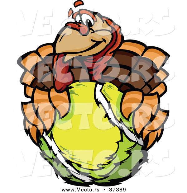 Vector of a Cartoon Turkey Mascot Holding out a Tennis Ball