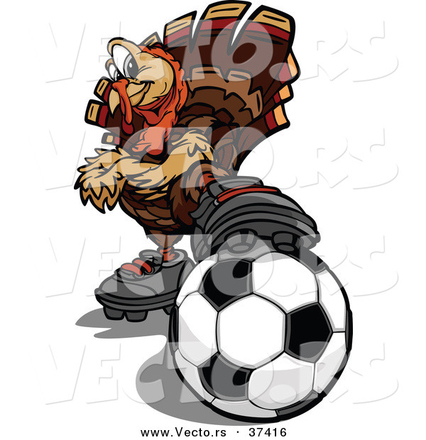 Vector of a Cartoon Turkey Mascot Resting a Foot on a Soccer Ball