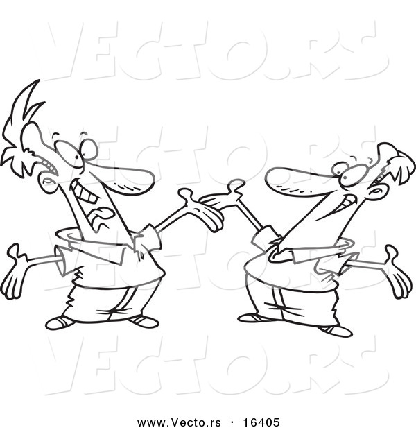 Vector of a Cartoon Two Happy Men Greeting Each Other - Outlined Coloring Page Drawing