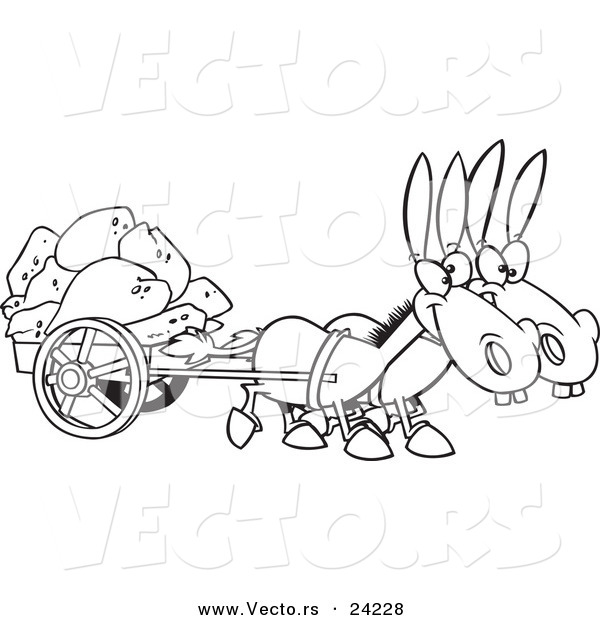 Vector of a Cartoon Two Mules Pulling a Wagon Full of Rocks - Coloring Page Outline