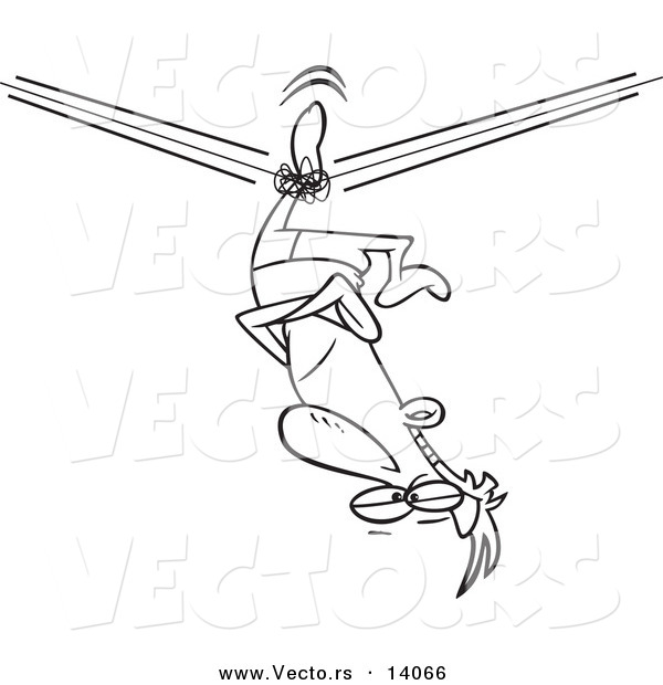 Vector of a Cartoon Unbalanced Tight Rope Walker Stuck Upside down - Coloring Page Outline