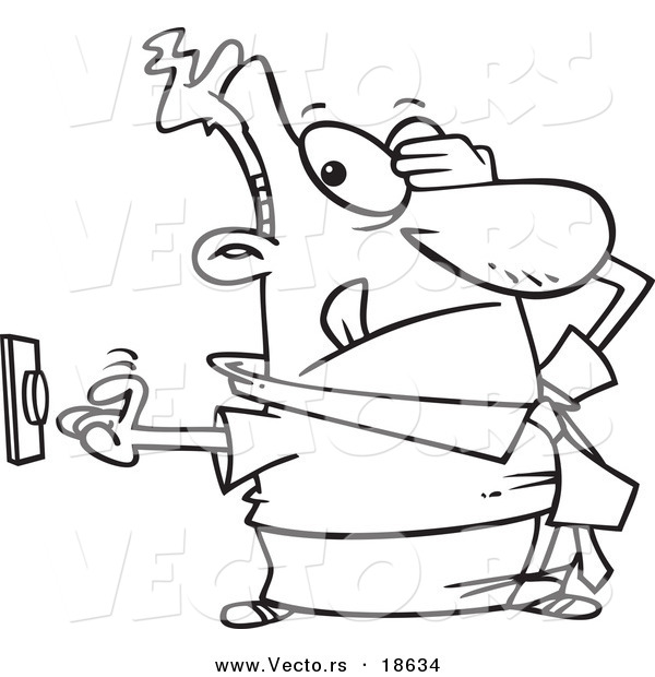 Vector of a Cartoon Uncertain Businessman Pushing a Button - Outlined Coloring Page