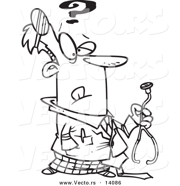 Vector of a Cartoon Uncertain Doctor Holding a Stethoscope - Coloring Page Outline