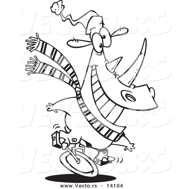 Vector of a Cartoon Unicycling Christmas Rhino - Coloring Page Outline