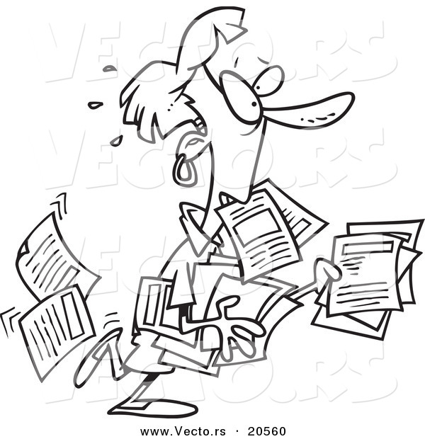 Vector of a Cartoon Unorganized Woman Carrying Forms - Coloring Page Outline