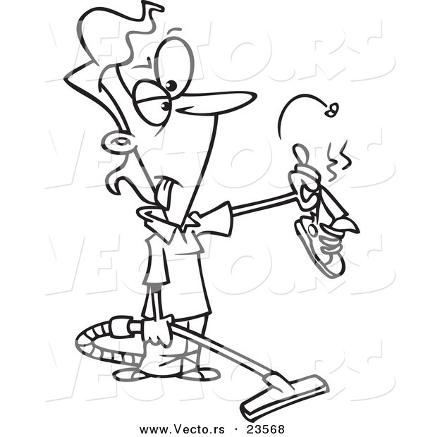 Vector of a Cartoon Vacuuming Woman Holding a Stinky Shoe - Coloring Page Outline