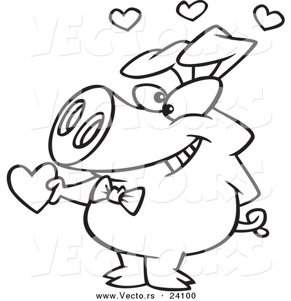 Vector of a Cartoon Valentine Pig Giving a Heart - Coloring Page Outline