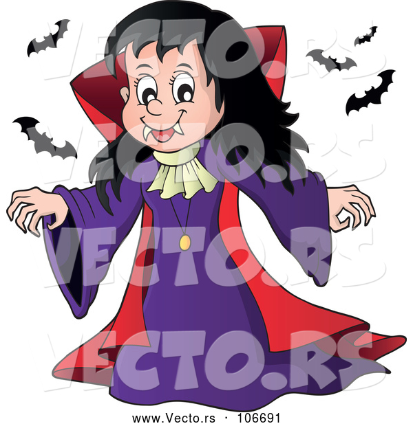 Vector of a Cartoon Vampire Girl with Bats
