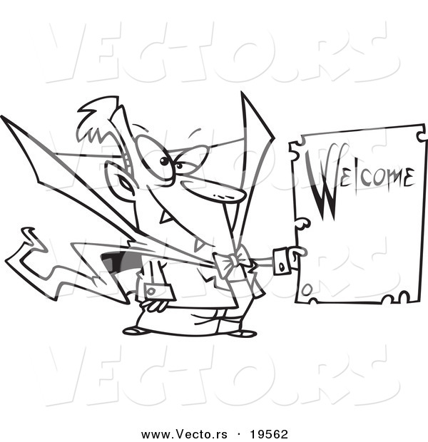 Vector of a Cartoon Vampire Holding a Welcome Sign - Outlined Coloring Page