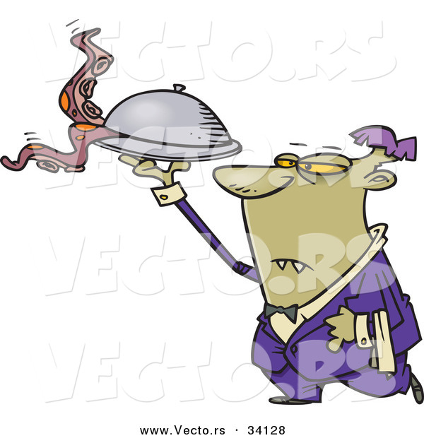 Vector of a Cartoon Vampire Waiter Serving Octopus for Halloween Dinner