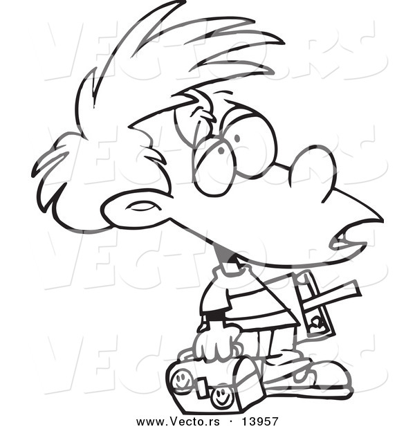 Vector of a Cartoon Victimized Boy with Something on His Forehead - Coloring Page Outline