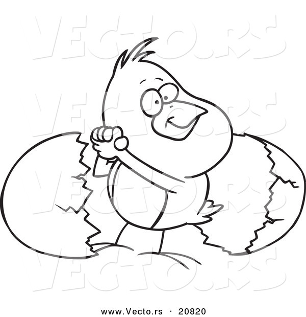 Vector of a Cartoon Victorious Chick by an Egg Shell - Coloring Page Outline