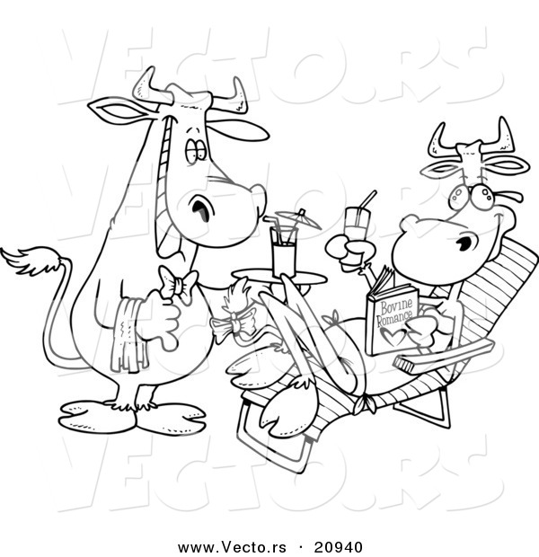 Vector of a Cartoon Waiter Cow Serving a Female Cow a Beverage Poolside - Coloring Page Outline