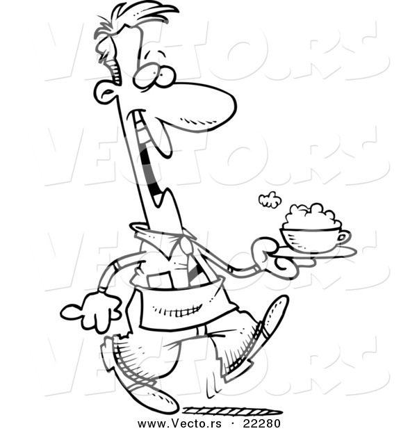 Vector of a Cartoon Waiter Serving a Cappuccino - Coloring Page Outline