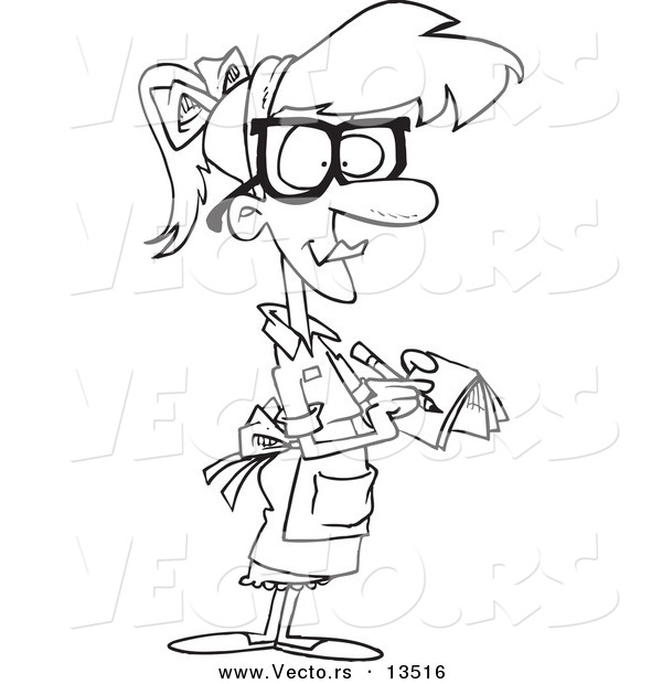 Vector of a Cartoon Waitress Taking an Order - Coloring Page Outline