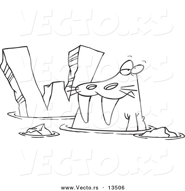 Vector of a Cartoon Walrus and Letter W - Coloring Page Outline