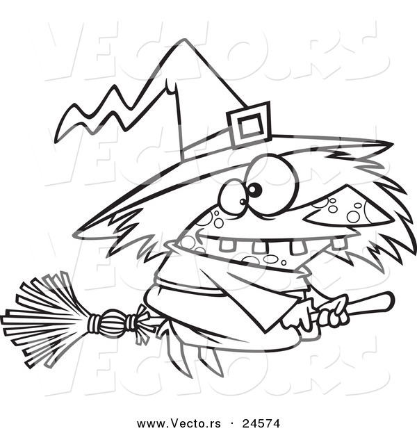 Vector of a Cartoon Warted Witch on Her Broomstick - Outlined Coloring Page