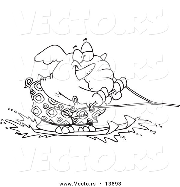 Vector of a Cartoon Waterskiing Elephant - Coloring Page Outline