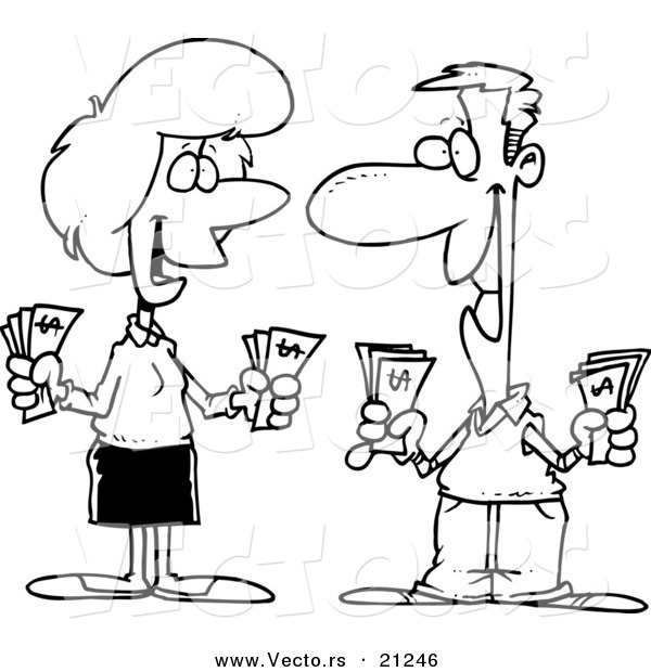 Vector of a Cartoon Wealthy Couple Holding Cash - Coloring Page Outline