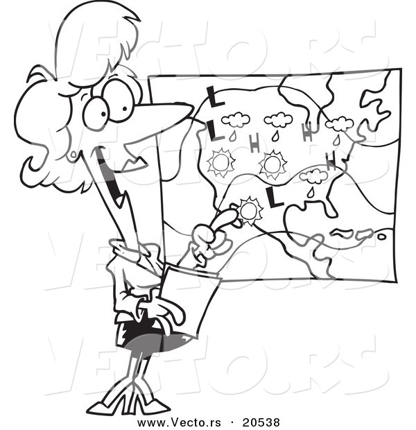 Vector of a Cartoon Weather Girl Reading the Forecast - Coloring Page Outline