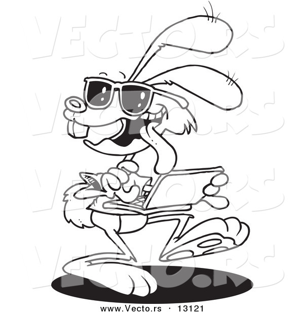 Vector of a Cartoon Web Bunny Using a Laptop - Coloring Page Outline