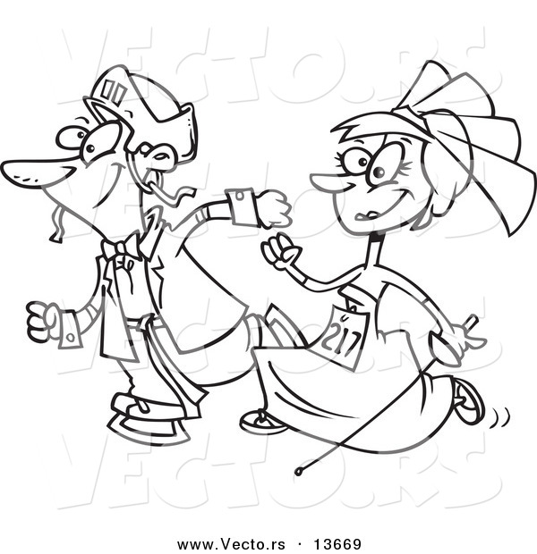 Vector of a Cartoon Wedding Couple Running in a Race - Coloring Page Outline