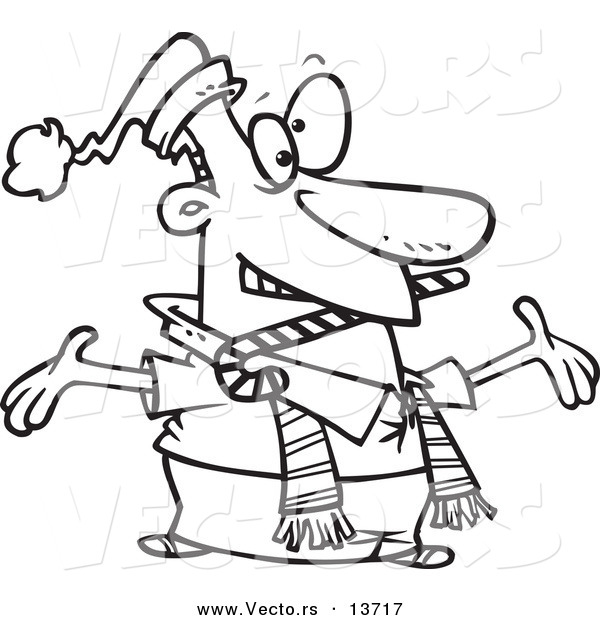 Vector of a Cartoon Welcoming Christmas Businessman with a Candy Cane in His Mouth - Coloring Page Outline