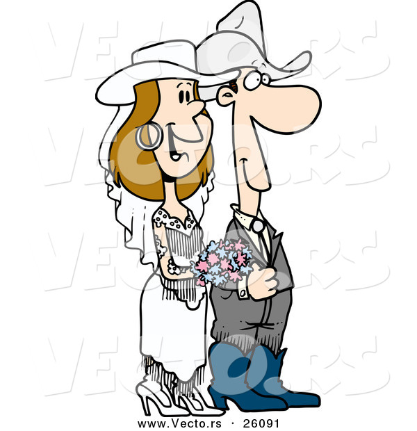 Vector of a Cartoon Western Cowboy Bride and Cowgirl Groom During Wedding