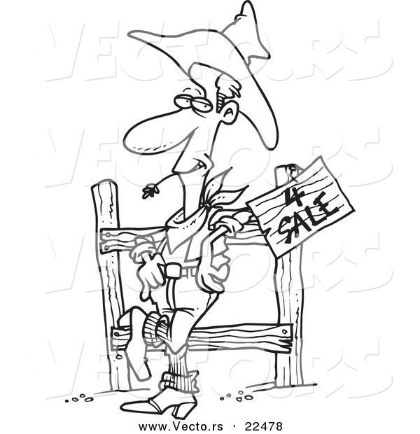 Vector of a Cartoon Western Cowboy Selling Property - Coloring Page Outline