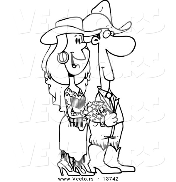 Vector of a Cartoon Western Wedding Couple - Coloring Page Outline