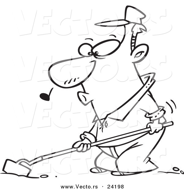 Vector of a Cartoon Whistling Farmer Cultivating - Coloring Page Outline