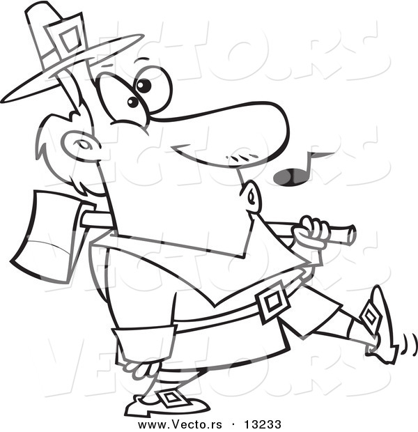 Vector of a Cartoon Whistling Pilgrim Carrying an Ax over His Shoulder - Coloring Page Outline