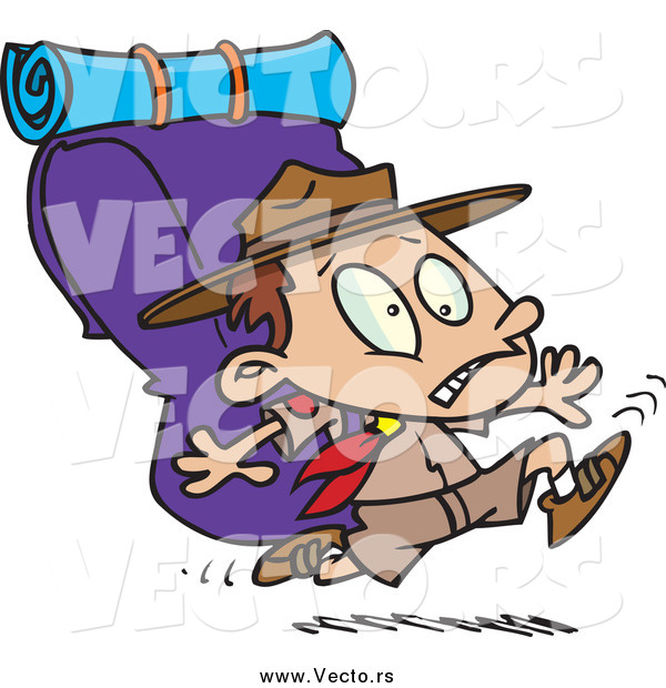 Vector of a Cartoon White Boy Scout Running with a Big Back Pack