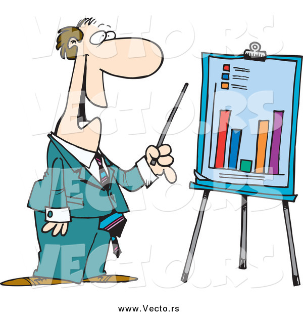 Vector of a Cartoon White Businessman Discussing a Bar Graph