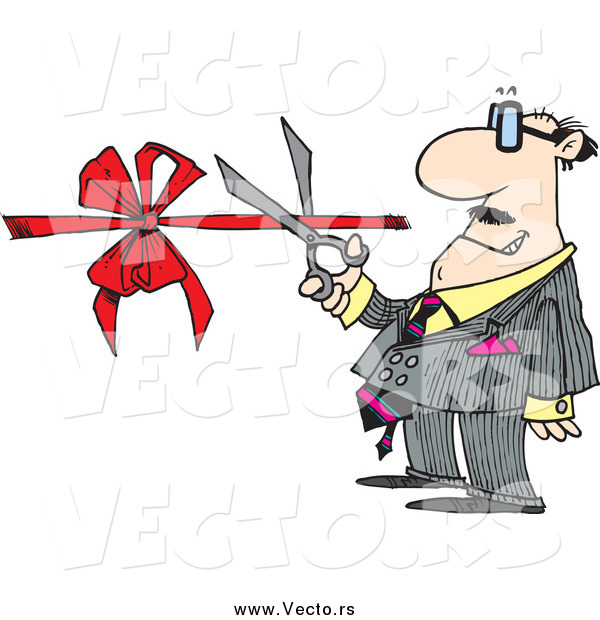 Vector of a Cartoon White Businessman Performing a Ribbon Cutting Ceremony