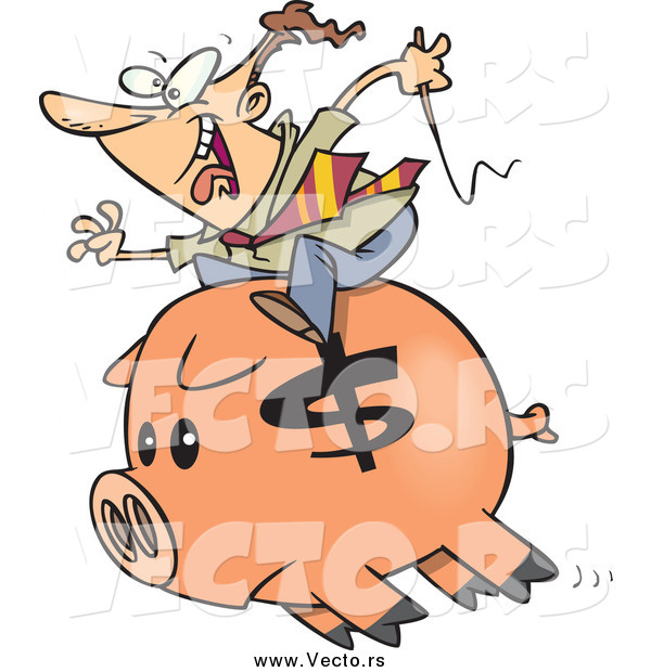 Vector of a Cartoon White Businessman Riding a Piggy Bank