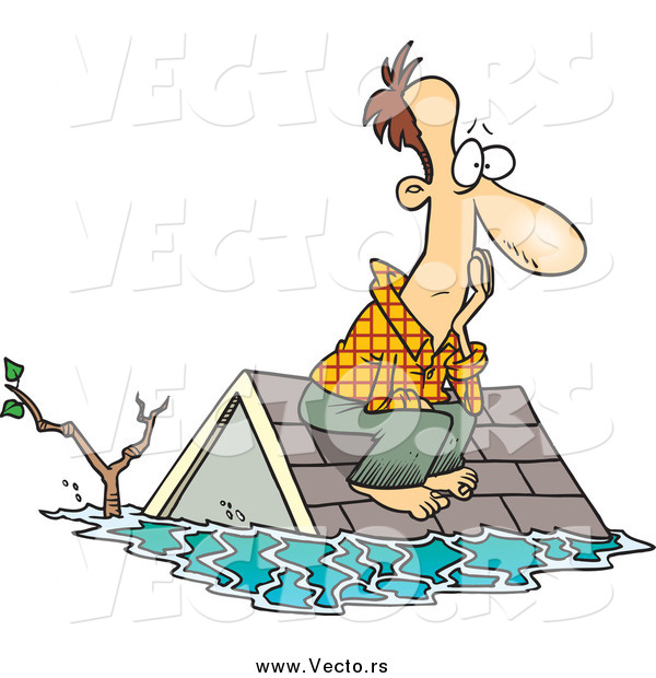 Vector of a Cartoon White Male Flood Survivor Sitting on His Roof Waiting for Rescue