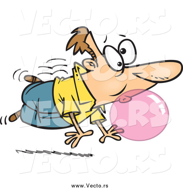Vector of a Cartoon White Man Floating and Blowing a Big Bubble with Gum