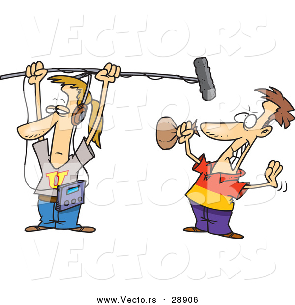 Vector of a Cartoon White Man Holding a Boom Microphone over an Actor