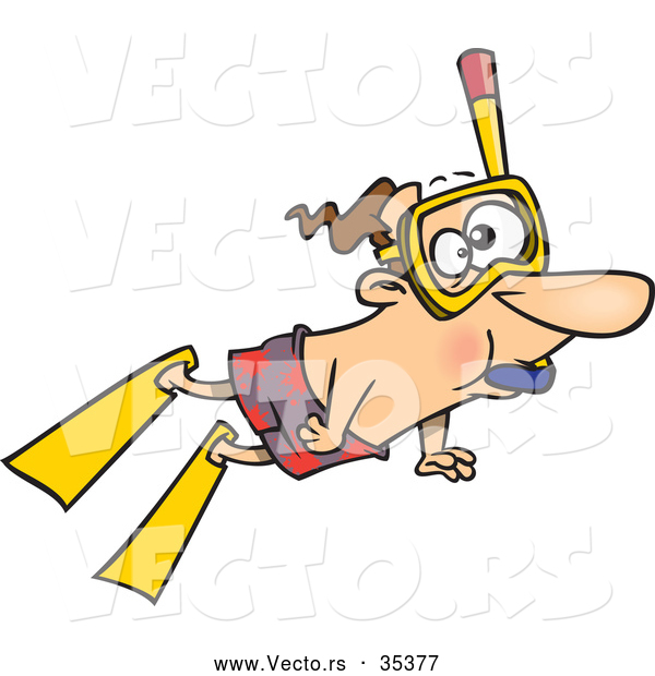 Vector of a Cartoon White Man Snorkeling Underwater